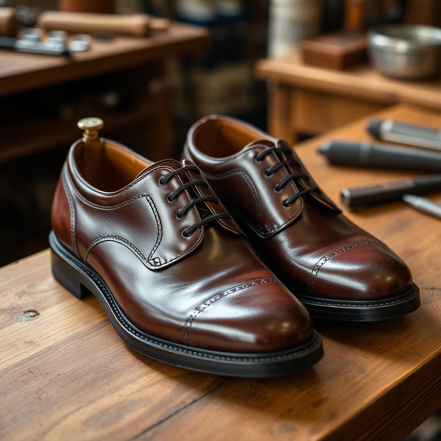 Restored brown leather oxford shoes with new soles